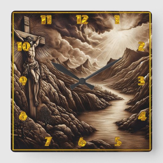 夕暮れの山景色の上で十字架につけられたイエス スクエア壁時計 (正面)