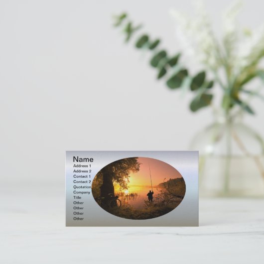 夕暮れの湖の漁師のシルエット 名刺 (スタンド正面)