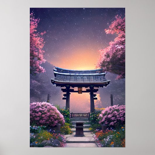 夕暮れの美しい神社 ポスター (正面)