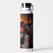 夕暮れの草地のかわいい悲しいスタイルの女性 ウォーターボトル (背面)