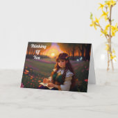 夕暮れの草地のかわいい悲しいスタイルの女性 カード (黄色い花)