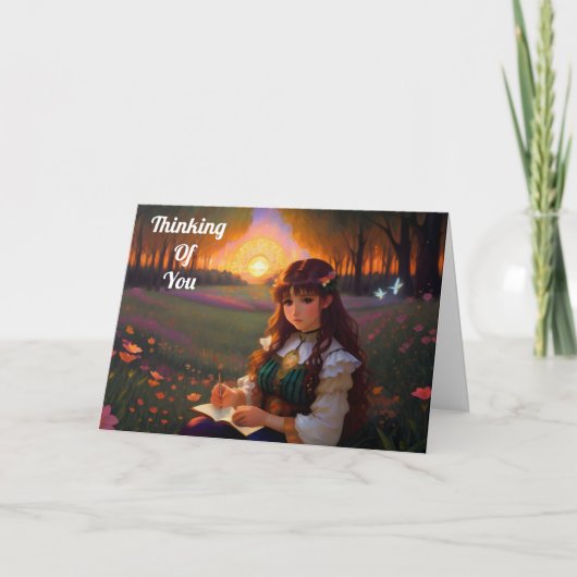 夕暮れの草地のかわいい悲しいスタイルの女性 カード (正面)