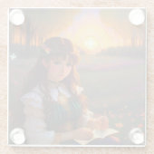 夕暮れの草地のかわいい悲しいスタイルの女性 ガラスコースター (裏面)