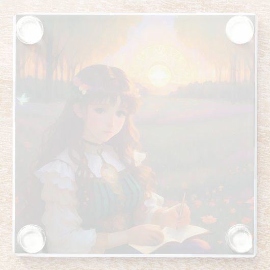 夕暮れの草地のかわいい悲しいスタイルの女性 ガラスコースター (裏面)