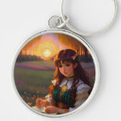 夕暮れの草地のかわいい悲しいスタイルの女性 キーホルダー (正面)