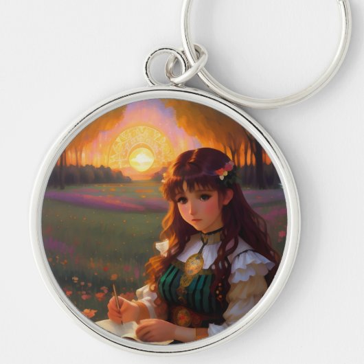 夕暮れの草地のかわいい悲しいスタイルの女性 キーホルダー (正面)