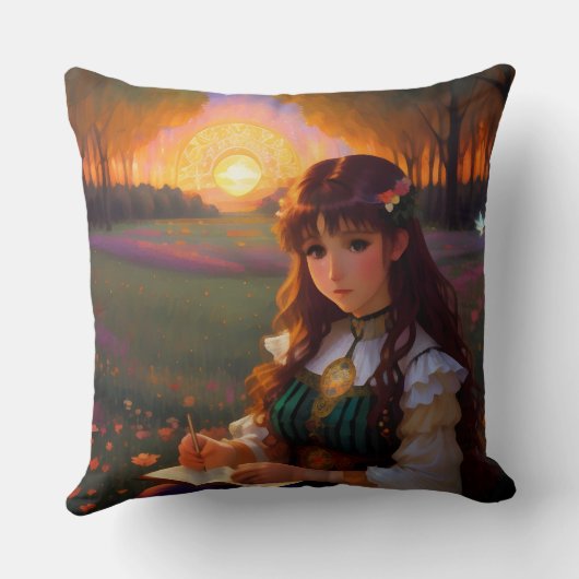 夕暮れの草地のかわいい悲しいスタイルの女性 クッション (裏面)