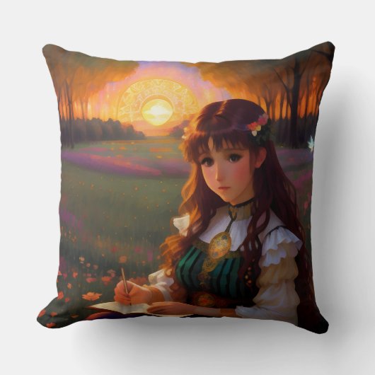 夕暮れの草地のかわいい悲しいスタイルの女性 クッション (正面)
