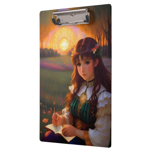 夕暮れの草地のかわいい悲しいスタイルの女性 クリップボード (左)