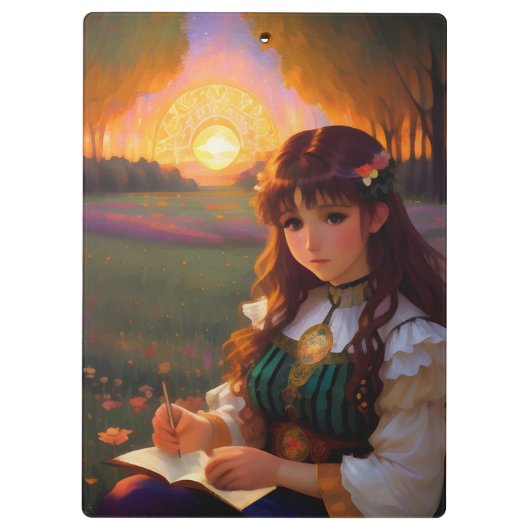 夕暮れの草地のかわいい悲しいスタイルの女性 クリップボード (裏面)