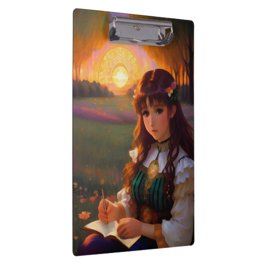 夕暮れの草地のかわいい悲しいスタイルの女性 クリップボード (右)