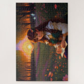 夕暮れの草地のかわいい悲しいスタイルの女性 ジグソーパズル (縦)