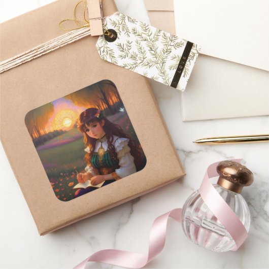 夕暮れの草地のかわいい悲しいスタイルの女性 スクエアシール (ギフト)