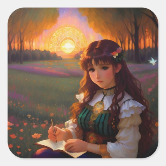 夕暮れの草地のかわいい悲しいスタイルの女性 スクエアシール (正面)