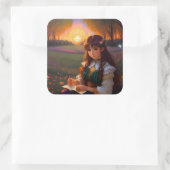 夕暮れの草地のかわいい悲しいスタイルの女性 スクエアシール (バッグ)