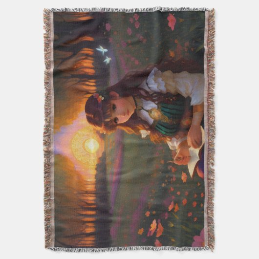 夕暮れの草地のかわいい悲しいスタイルの女性 スローブランケット (正面縦)