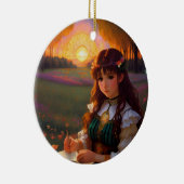 夕暮れの草地のかわいい悲しいスタイルの女性 セラミックオーナメント (右)