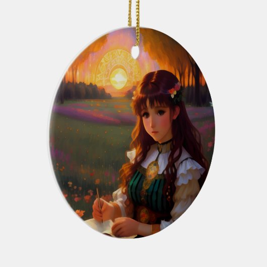 夕暮れの草地のかわいい悲しいスタイルの女性 セラミックオーナメント (右)