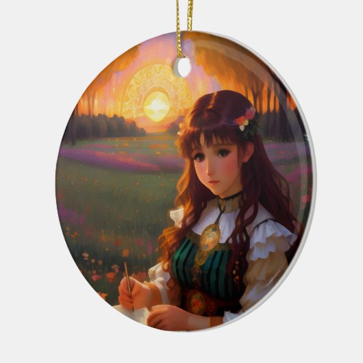 夕暮れの草地のかわいい悲しいスタイルの女性 セラミックオーナメント (左)