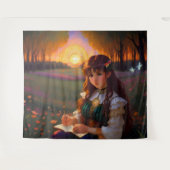 夕暮れの草地のかわいい悲しいスタイルの女性 タペストリー (正面(横))