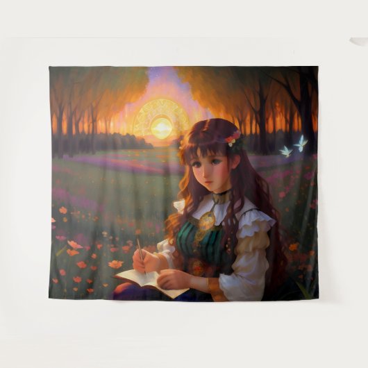 夕暮れの草地のかわいい悲しいスタイルの女性 タペストリー (正面(横))