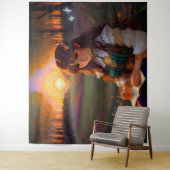 夕暮れの草地のかわいい悲しいスタイルの女性 タペストリー (インサイチュ)