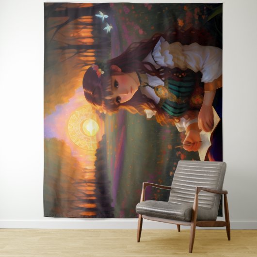 夕暮れの草地のかわいい悲しいスタイルの女性 タペストリー (インサイチュ)