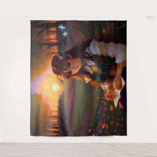 夕暮れの草地のかわいい悲しいスタイルの女性 タペストリー (正面)