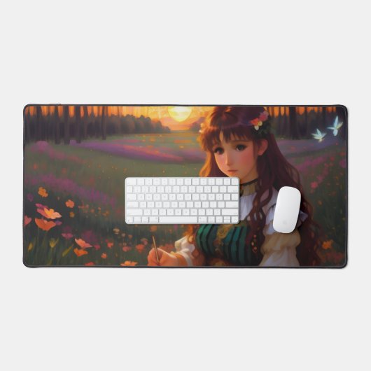 夕暮れの草地のかわいい悲しいスタイルの女性 デスクマット (キーボード&マウス)