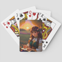 夕暮れの草地のかわいい悲しいスタイルの女性 トランプ