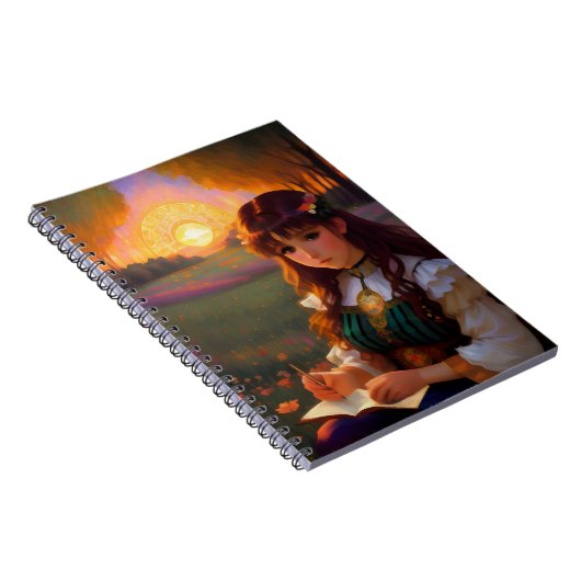 夕暮れの草地のかわいい悲しいスタイルの女性 ノートブック (右側)