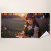 夕暮れの草地のかわいい悲しいスタイルの女性 ビーチタオル (正面)