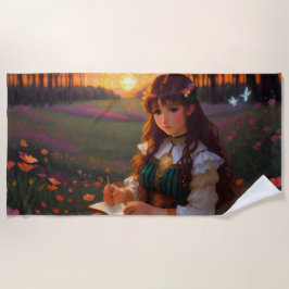 夕暮れの草地のかわいい悲しいスタイルの女性 ビーチタオル