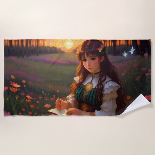 夕暮れの草地のかわいい悲しいスタイルの女性 ビーチタオル (正面)