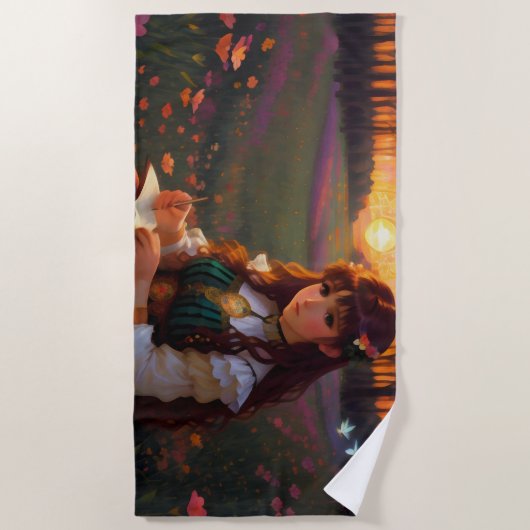 夕暮れの草地のかわいい悲しいスタイルの女性 ビーチタオル (正面)