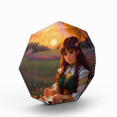 夕暮れの草地のかわいい悲しいスタイルの女性 フォトブロック (左)