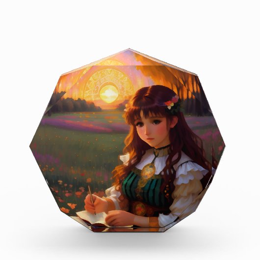 夕暮れの草地のかわいい悲しいスタイルの女性 フォトブロック (正面)