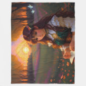 夕暮れの草地のかわいい悲しいスタイルの女性 フリースブランケット (正面)