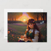 夕暮れの草地のかわいい悲しいスタイルの女性 ポストカード (正面/裏面)