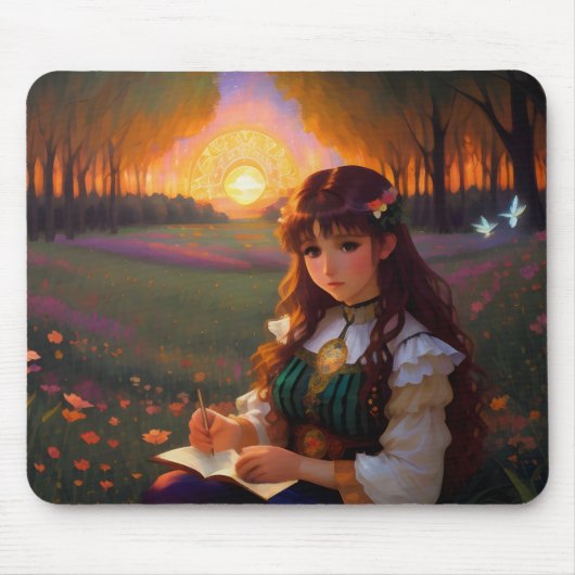 夕暮れの草地のかわいい悲しいスタイルの女性 マウスパッド (正面)