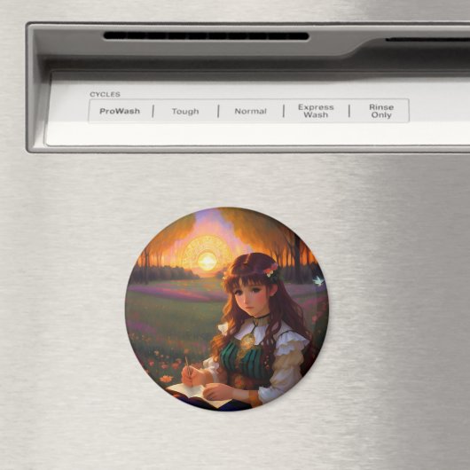 夕暮れの草地のかわいい悲しいスタイルの女性 マグネット (インサイチュ (食洗機))