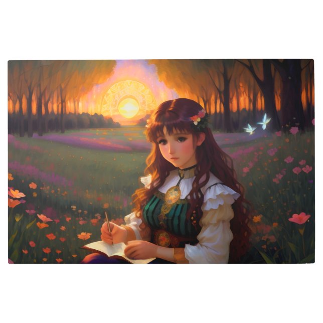 夕暮れの草地のかわいい悲しいスタイルの女性 メタルプリント (正面)