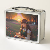 夕暮れの草地のかわいい悲しいスタイルの女性 メタルランチボックス (裏面)