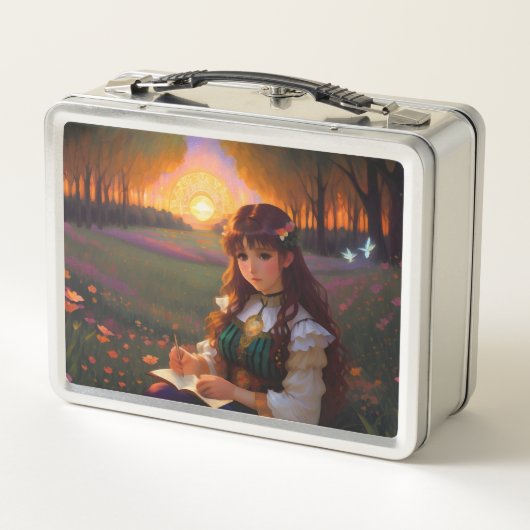 夕暮れの草地のかわいい悲しいスタイルの女性 メタルランチボックス (裏面)