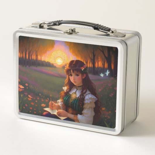 夕暮れの草地のかわいい悲しいスタイルの女性 メタルランチボックス (正面)