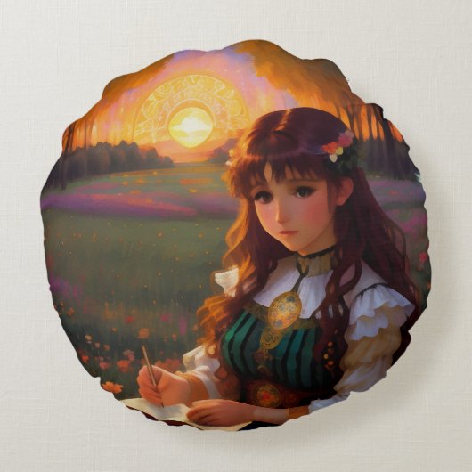 夕暮れの草地のかわいい悲しいスタイルの女性 ラウンドクッション (裏面)