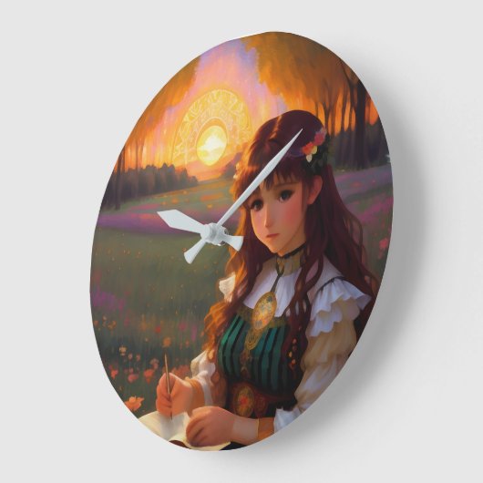 夕暮れの草地のかわいい悲しいスタイルの女性 ラージ壁時計 (傾斜)