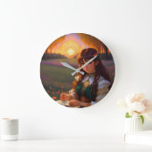 夕暮れの草地のかわいい悲しいスタイルの女性 ラージ壁時計 (ホーム)