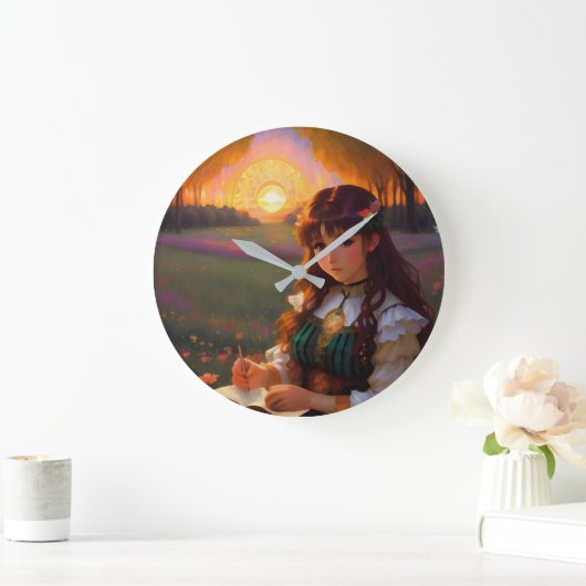 夕暮れの草地のかわいい悲しいスタイルの女性 ラージ壁時計 (ホーム)