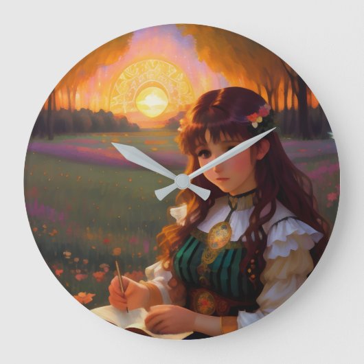 夕暮れの草地のかわいい悲しいスタイルの女性 ラージ壁時計 (正面)